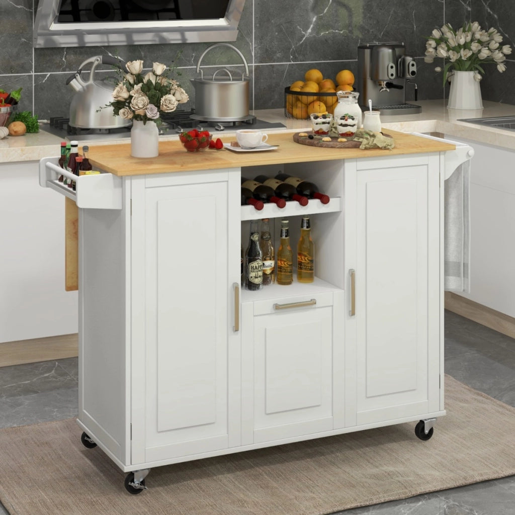 Carrello cucina isola con piano ribaltabile e 4 ruote girevoli, Isola cucina con cassetto profondo portabottiglie Bianco-Carrelli