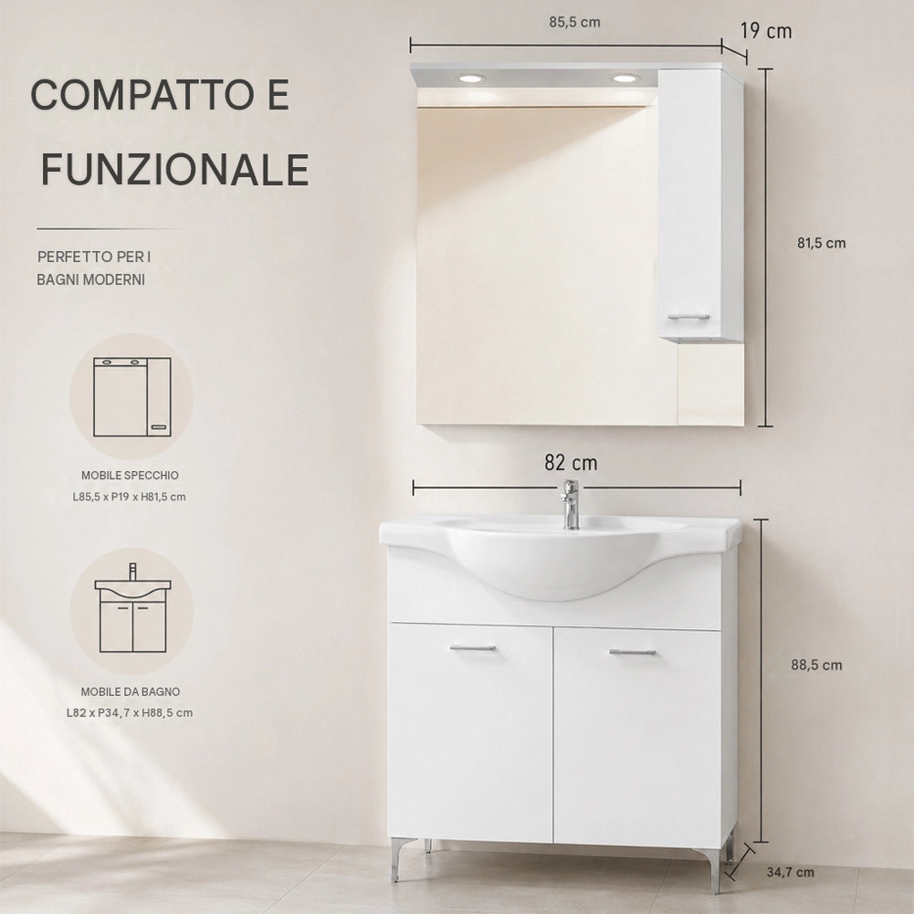 Set Completo Mobile da Bagno da Terra 85 cm con Due Ante Bianco Specchio e Accessori