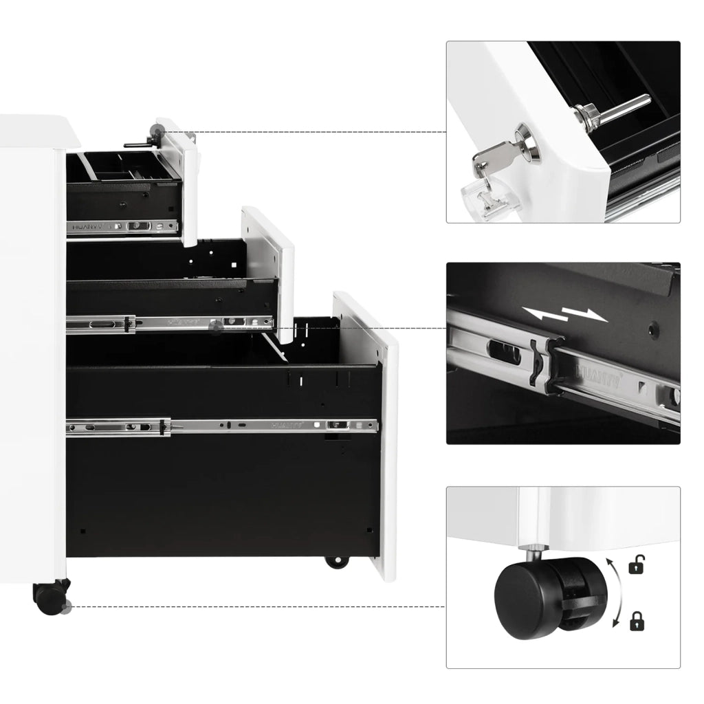 Mobiletto portaoggetti mobile per ufficio 30 x 46 x 59,2 cm con ruote e serratura per documenti e cartelle sospese con 3 cassetti bianco 12_0004825