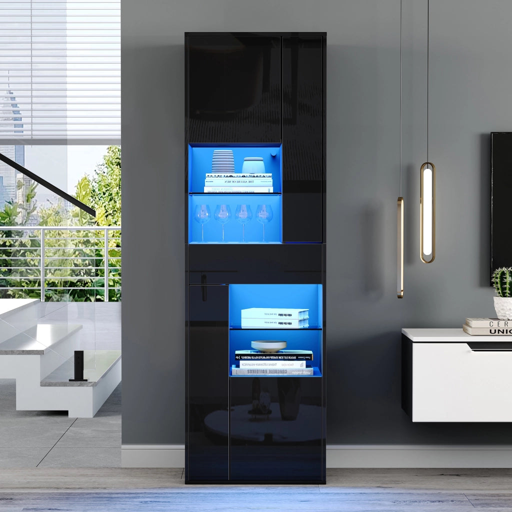 Vetrina con LED 1 cassetto 4 ante 11 vani ripiani regolabili finitura lucida per soggiorno nero 55 × 38 × 170 cm