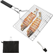 Grill per pesce con pinza e spazzola in silicone, acciaio inossidabile, pieghevole, 35 x 22 cm.
