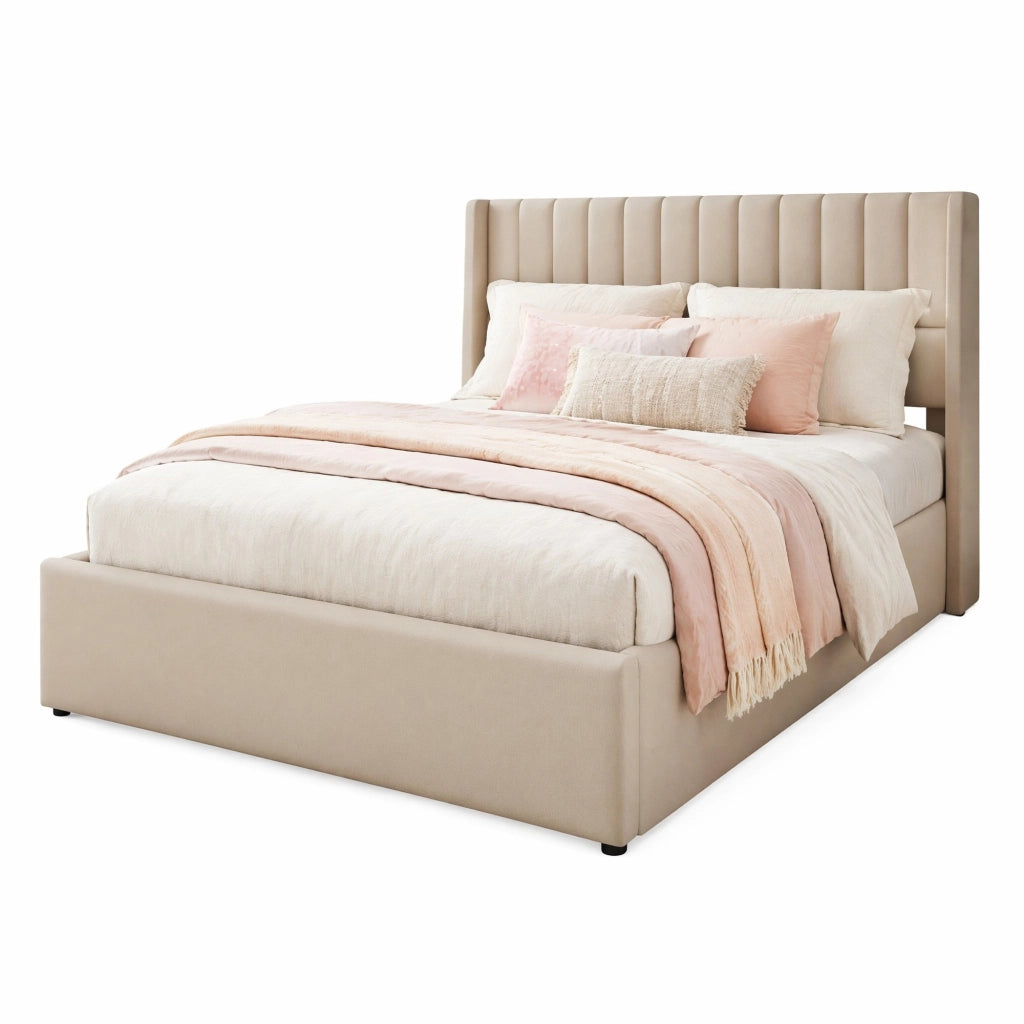 Letto matrimoniale con contenitore 140x200 cm in lino beige; testiera imbottita e rete sollevabile