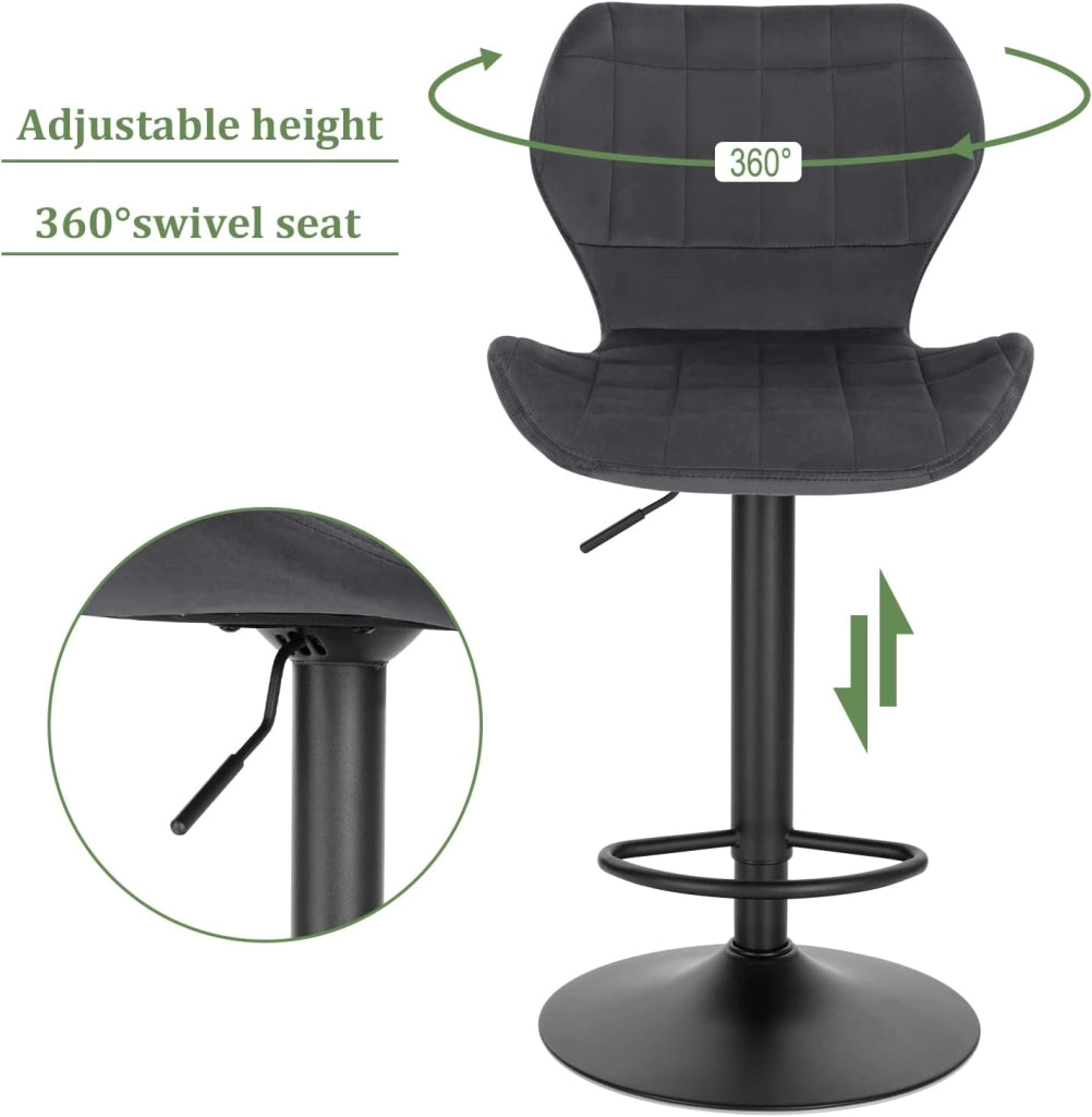 Set di 2 Sgabelli da Bar con Schienale e Poggiapiedi Girevoli a 360° Sedia Alta da Cucina con Seduta Regolabile tra 60-82cm in Velluto e Metallo Grigio Scuro BH324dgr-2