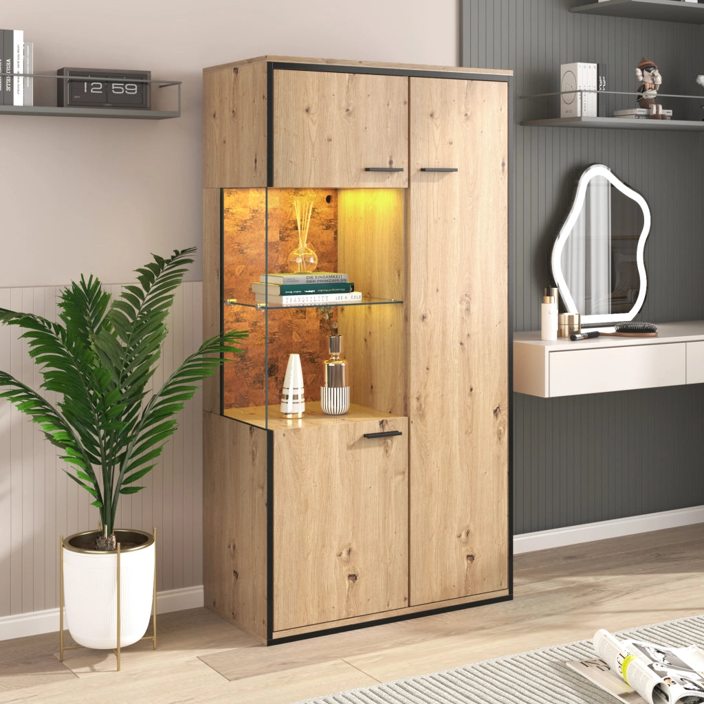 Vetrina con 1 Anta in Vetro; 3 Ripiani Regolabili e LED 15 Colori; Stile Moderno; in MDF; Naturale; 77;5¡Á40¡Á150 cm