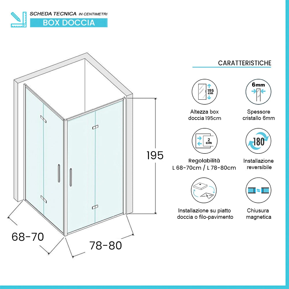 Box doccia angolare 70x80 in vetro temperato trasparente doppio soffietto con profili cromo Neos