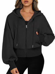 Sweat a capuchino con cappuccio per donne - corta cucitura - lunghe maniche - casual - tessuto di lana morbida e a maglia