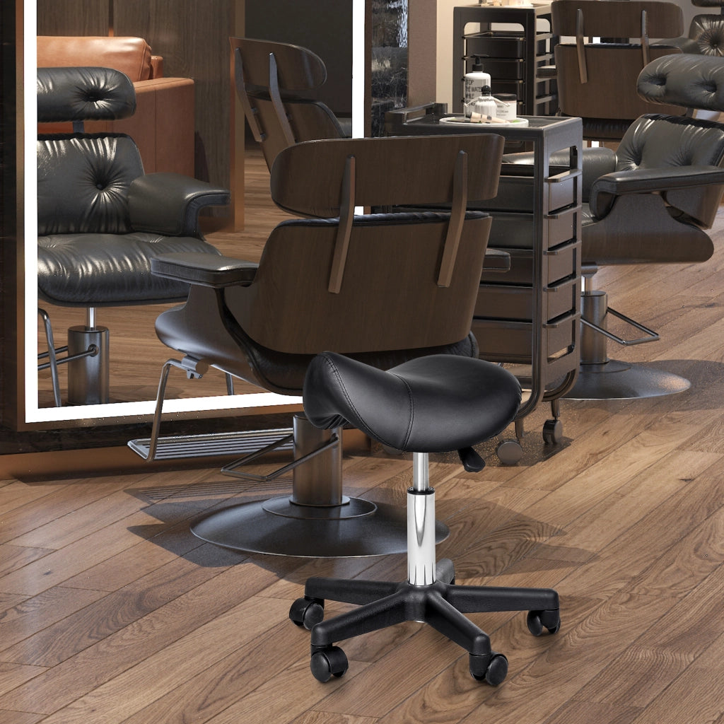 Sgabello girevole regolabile in altezza con ruote e seduta ergonomica per salone e studio, in ecopelle nera