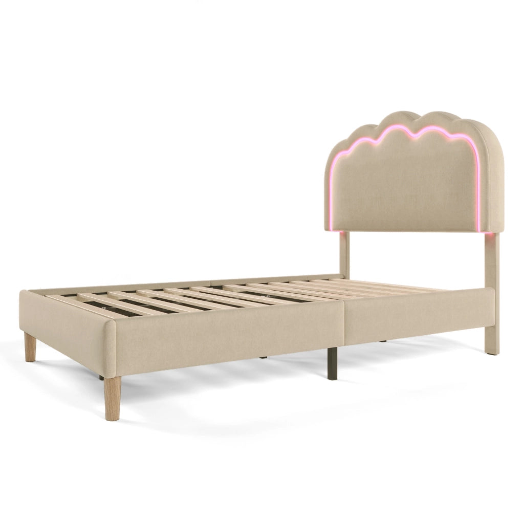 Letto imbottito singolo LED con testiera regolabile 90x190 cm in lino beige