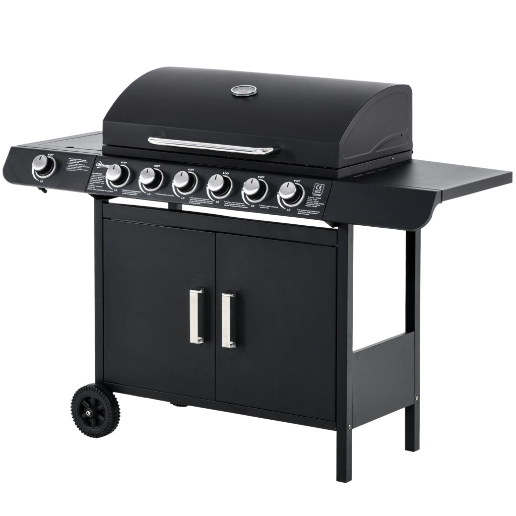 Easycomfort Barbecue a Gas con Coperchio, 7 Bruciatori da 20kW, Fornello Laterale e 2 Ruote, 135x50x100cm Nero