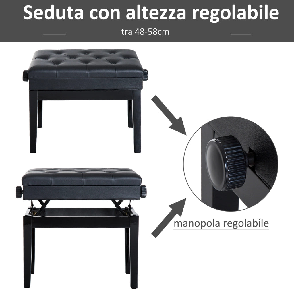 Sgabello da Pianoforte con Vano Contenitore in Legno e Pelle PU ¨C zephmum ¨C Nero 54.5x33x48-58 cm