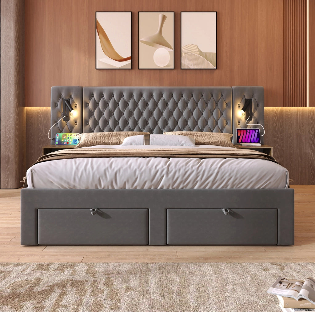 Letto matrimoniale 180x200 cm con 2 comodini; 4 cassetti; USB C e USB; velluto grigio
