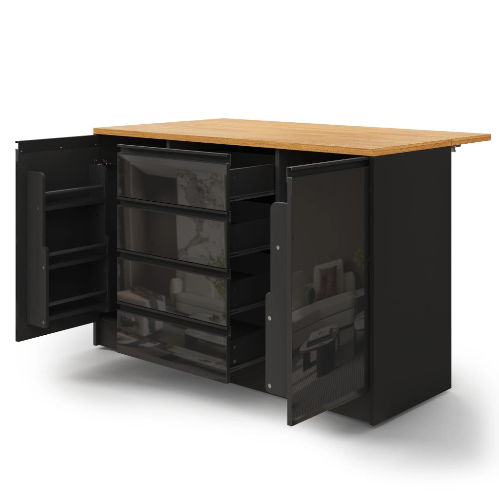 Isola Cucina con Piano Allungabile ¨C MINIMAL ¨C 4 Cassetti, 2 Ante, Nero, Effetto Legno, 140 cm