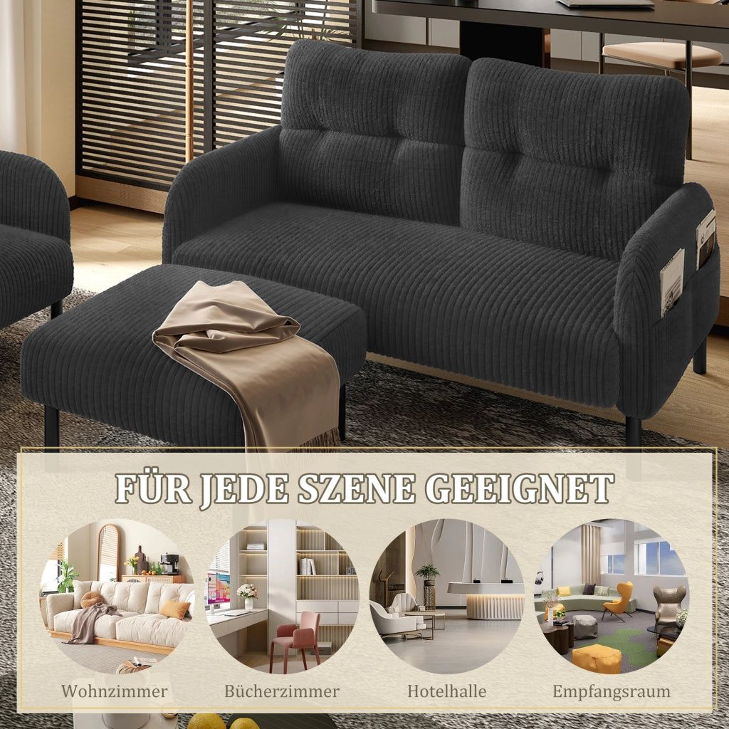 OKWISH Set da 3 Divano 2 Posti, Poltrona e Poggiapiedi, con Tasca Laterale e Seduta Profonda, Velluto a Coste Grigio