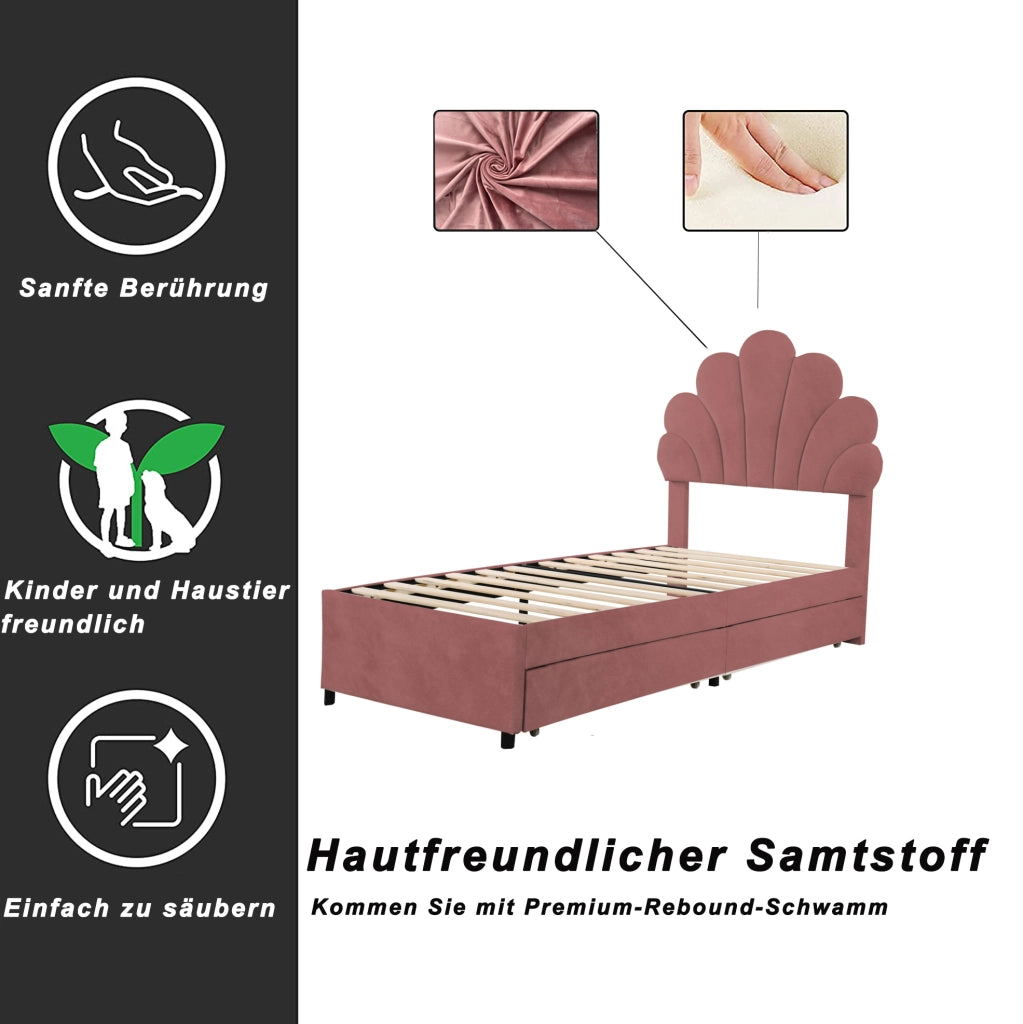 Letto singolo imbottito rosa 90x200 cm con 2 cassetti