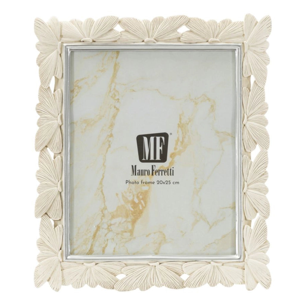 Cornice portafoto Butterfly in resina crema con farfalle e profili argento 20x25