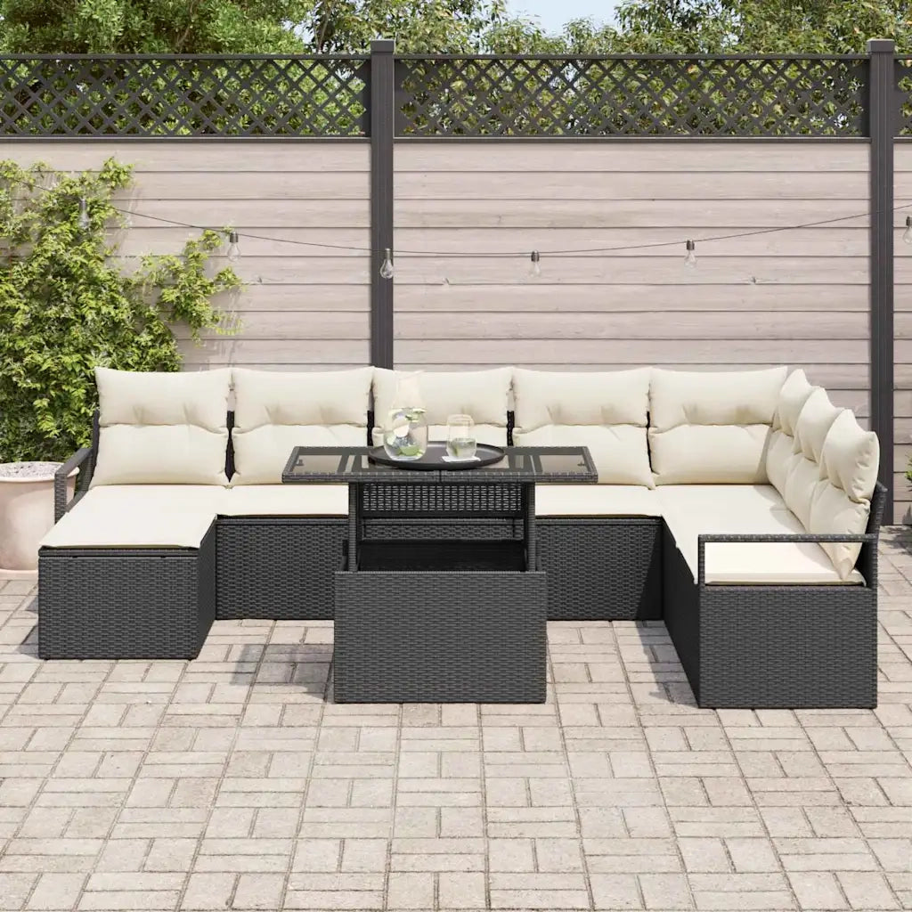 Set Divano da Giardino con cuscino 9 pcs Nero e crema