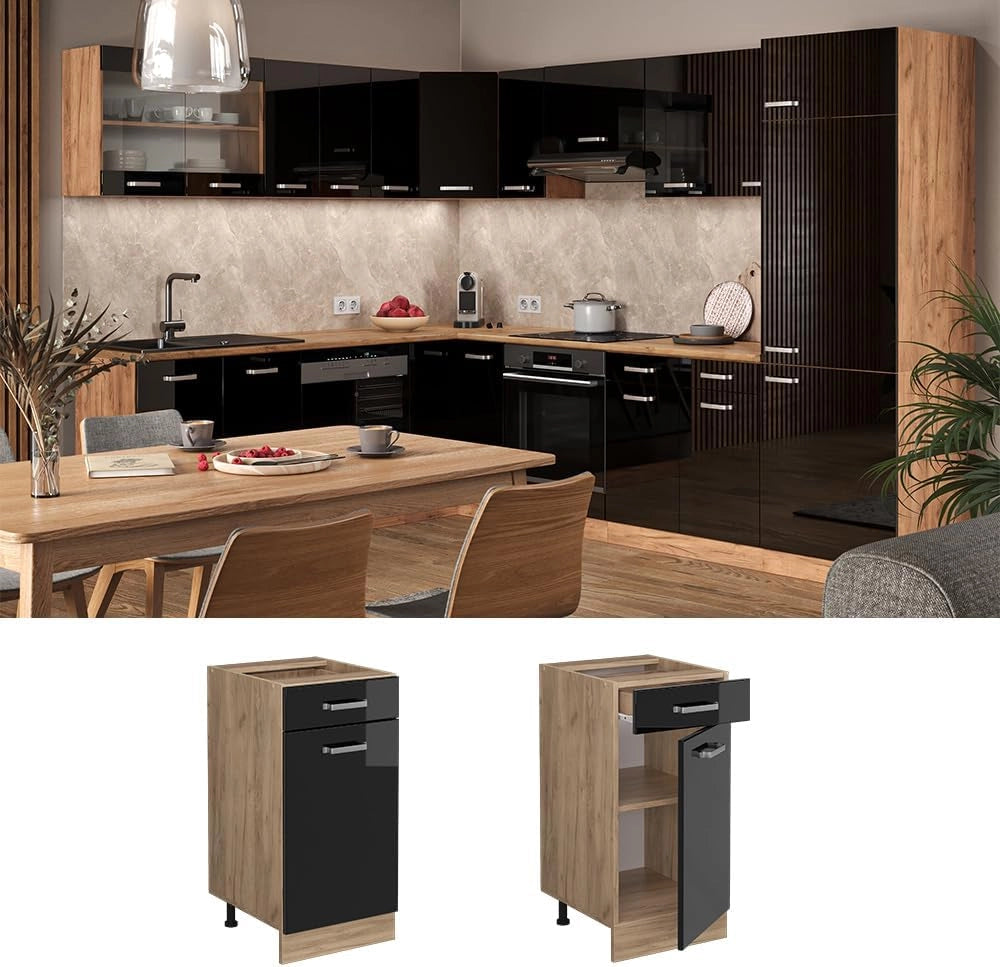 Mobiletto base per cucina R-Line, Nero lucido, 40 cm senza piano di lavoro, per la libera combinazione all'interno di sistemi cucina modulari