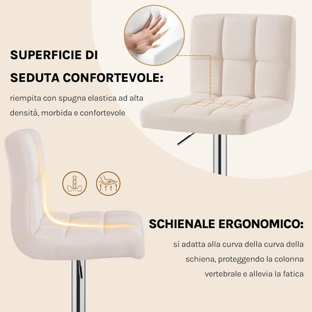 Sgabelli da Bar Sedia Cucina Alta con Schienale Senza Braccioli Girevole Tessuto di Lino/Cromato Crema 2 Pezzi