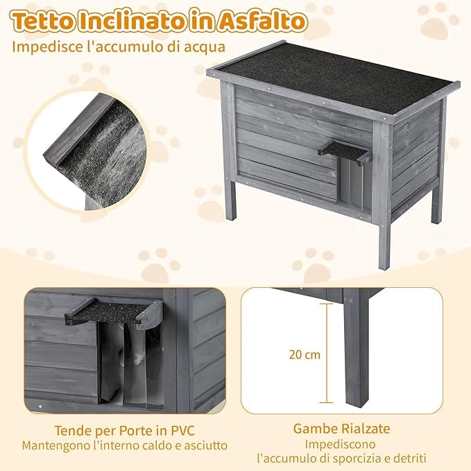Cuccia Gatto Esterno Inverno 88 x 55 x 71 cm, Casetta Gatti Calda in Legno con Isolamento in Schiuma, Tetto Apribile in Asphalt e Porta, Rifugio termica per Gatti Multipli (Grigio)
