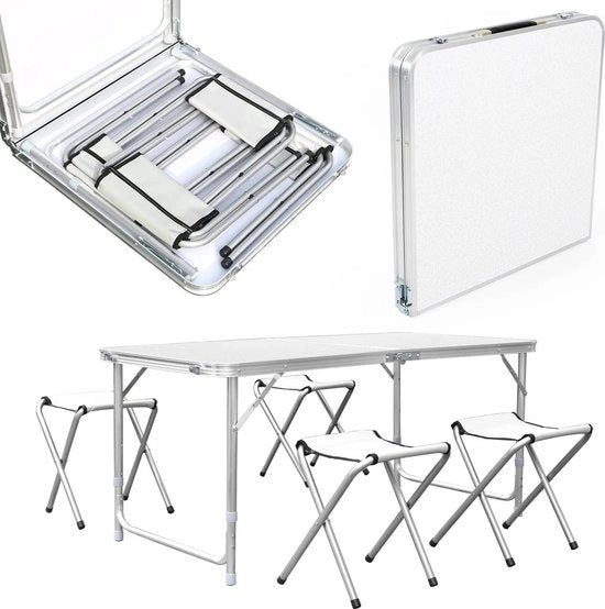 Set da tavola pieghevole - 1 tavola - 4 sedie alte - Outdoor - Campeggio - Bianco
