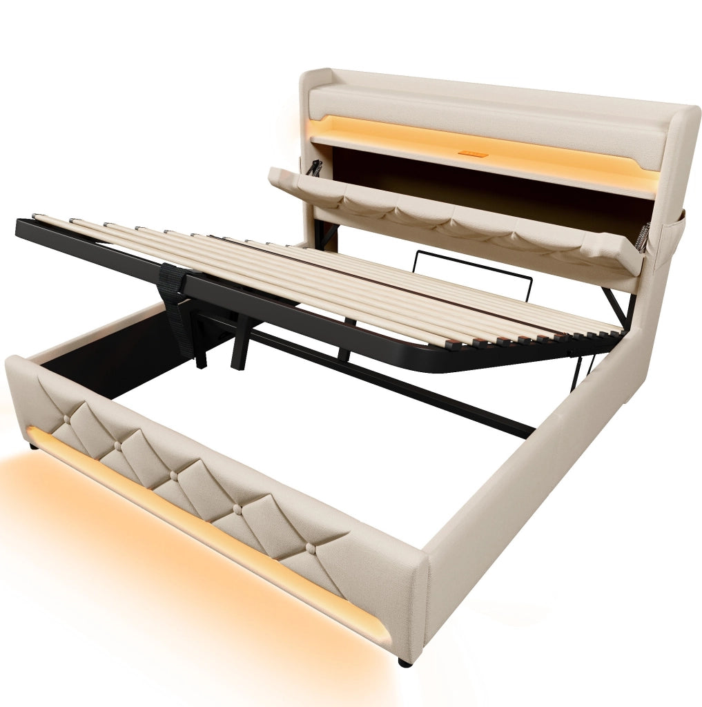 Letto matrimoniale 180x200 cm in lino beige con contenitore idraulico; LED e testiera con ricarica