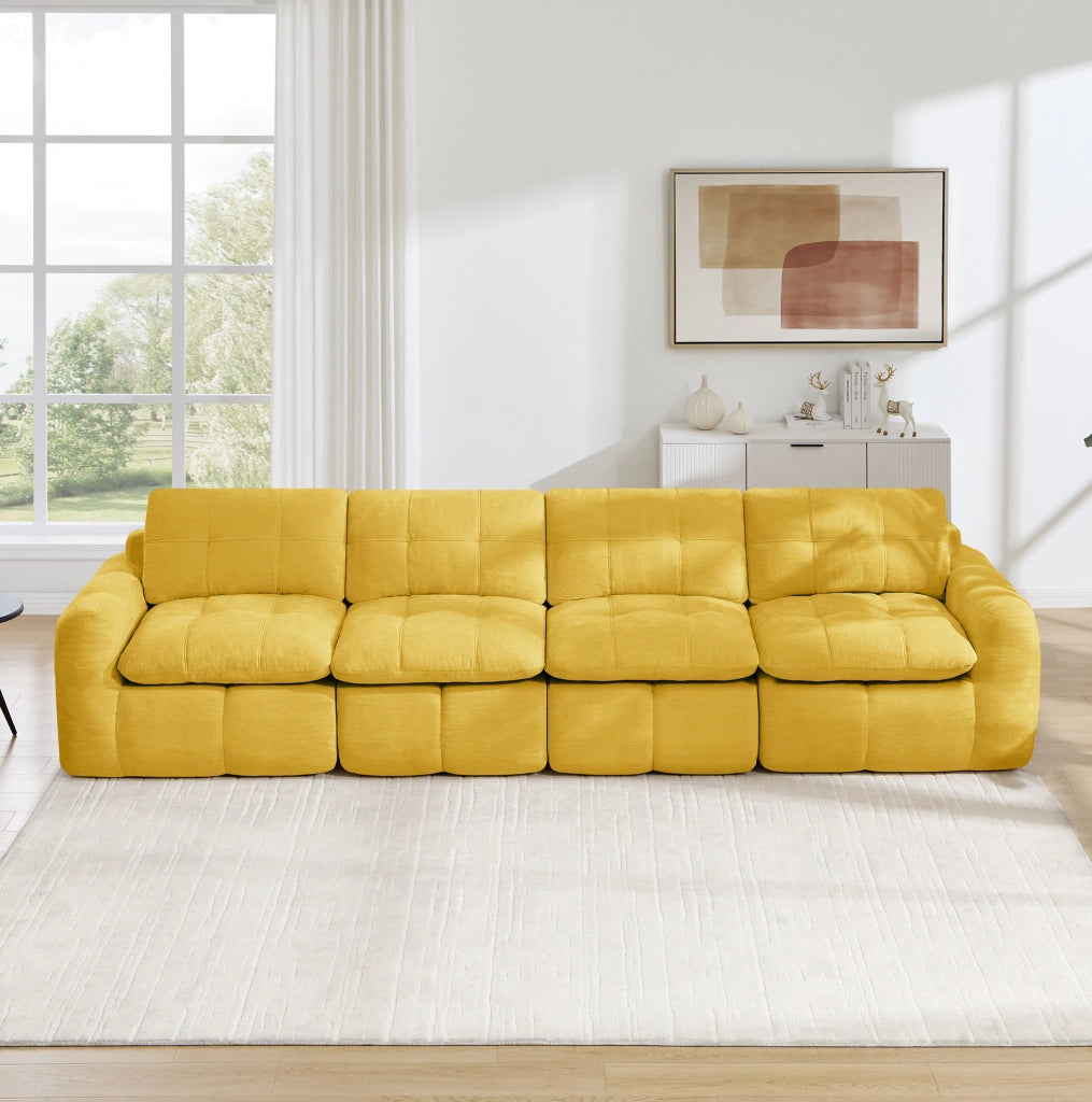 Divano modulare 4 posti in chenille giallo; 334x97x68 cm; seduta ampia e profonda