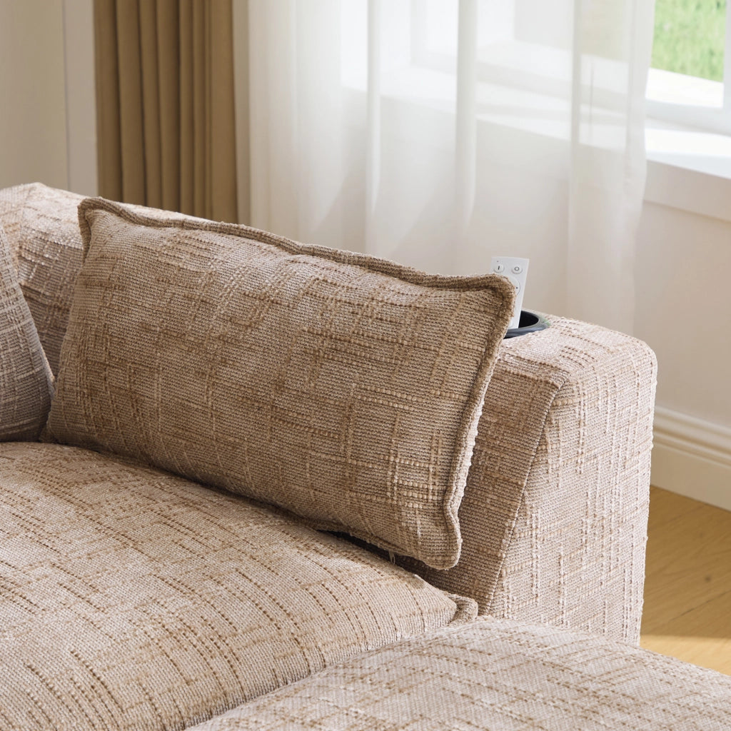 Divano modulare 4 posti con tasche laterali, cuscini e anima a molle, in ciniglia khaki per soggiorno 322 × 161 × 75 cm