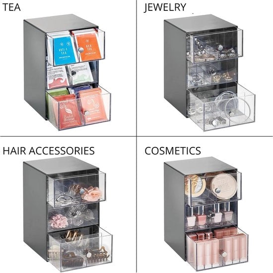 Organizzatore per la cucina/box di archiviazione per tazze da tè, bicchieri da caffè, zucchero e altro - 18 compartimenti e 3 ante in plastica - antracite/trasparente