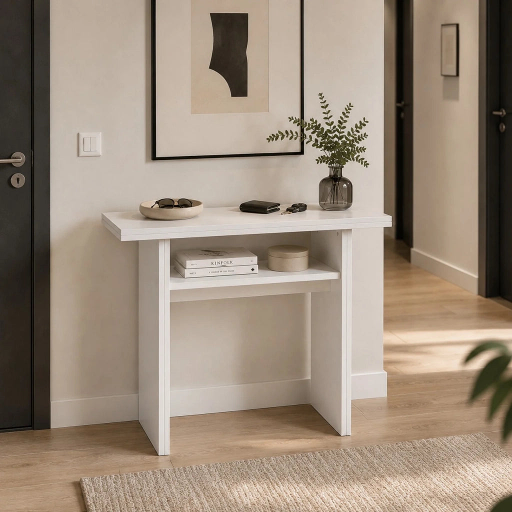Consolle Allungabile Bianca Salvaspazio | Tavolo Trasformabile a Ribalta con Ripiano Portaoggetti | Tavolo Pieghevole per Cucina, Soggiorno, Ingresso e Sala da Pranzo 120x35/70x76 cm