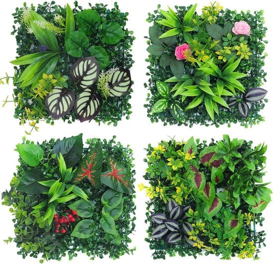 Decorazione per Muro con 4 Pannelli di Finto Verde, 25 x 25 cm, per Esterno (Modello Hybride 01)