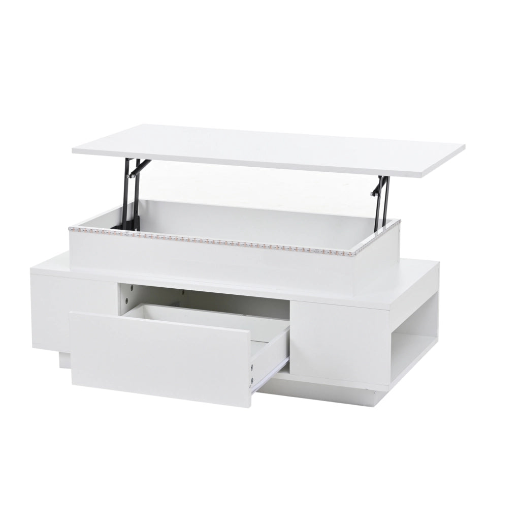 Tavolino da caffè sollevabile 96x45x40 cm con LED; contenitore e cassetto; bianco lucido