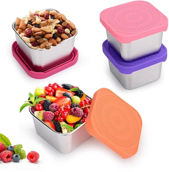 Contenitori per snack in acciaio inossidabile 4x180ml, contenitori per cibo in metallo liberi da leganti, con coperchi in silicone, riutilizzabili, mini scatole per pranzo in acciaio inossidabile, facilmente apribili