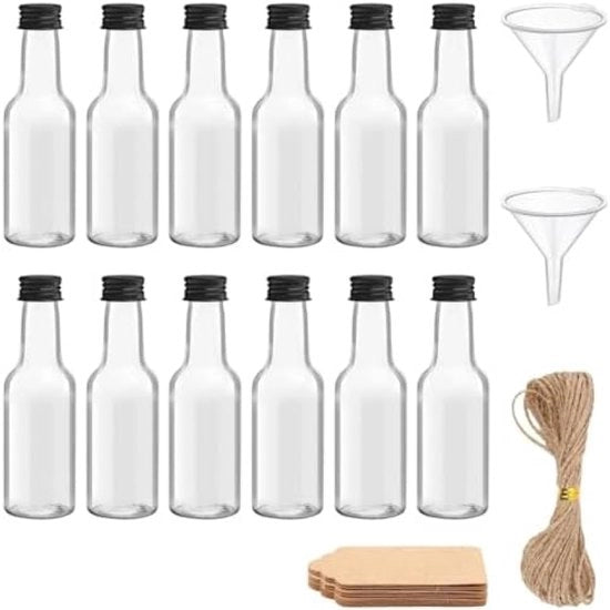 12 mini flessini riutilizzabili da 50 ml da riempire, bicchieri da shot con tappo, flaconi di plastica per cocktail con etichetta, ideali per feste e regali