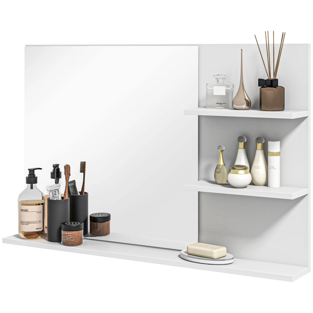 Specchio da Bagno a Parete con 2 Ripiani Laterali e Ripiano Inferiore, in MDF e Vetro, 75x10x48 cm, Bianco