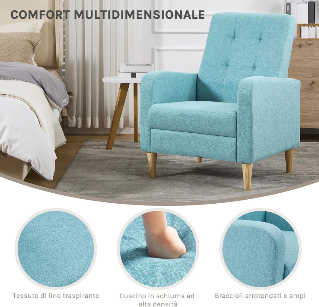 Poltrona da Salotto, Poltrona Relax con Schienale Alto, Sedia di Relax con Pieno Legno Massello Piedi, Seduta Imbottita, Rivestimento in Lino, per Salotto, Ufficio, Blu, SKS41bl