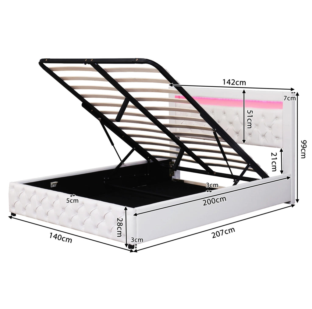 Letto imbottito ULEVR 140x200 cm con contenitore, LED regolabile e rivestimento in PU bianco