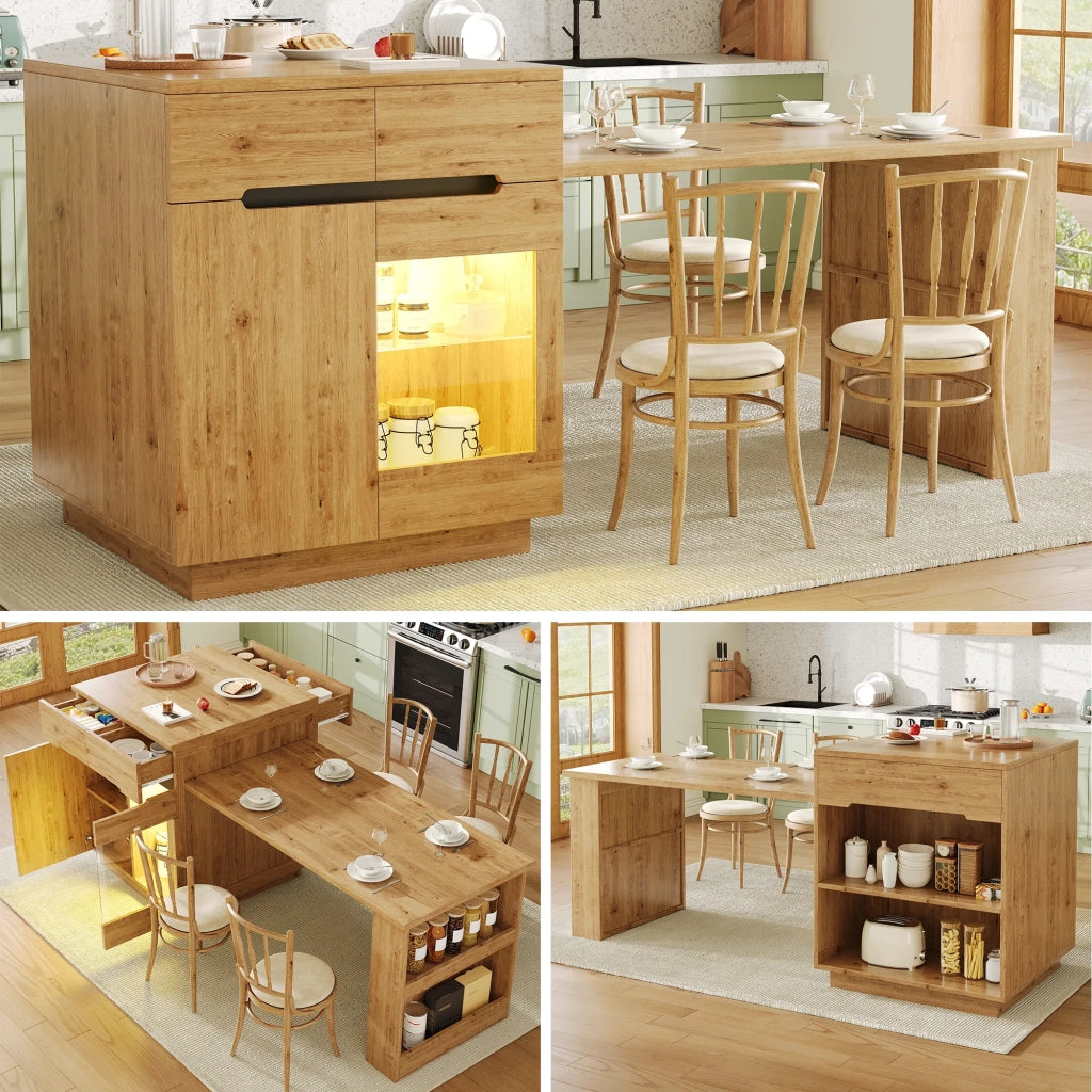 Isola da cucina con tavolo estraibile, mobile multifunzione con illuminazione LED (controllo app), finitura rovere, spazio contenitore, cassetti, porta in vetro