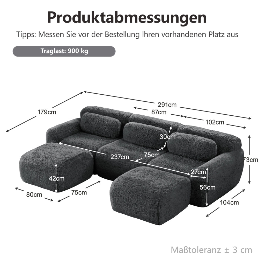 Divano modulare senza struttura in tessuto plush; 291×179×73 cm; grigio