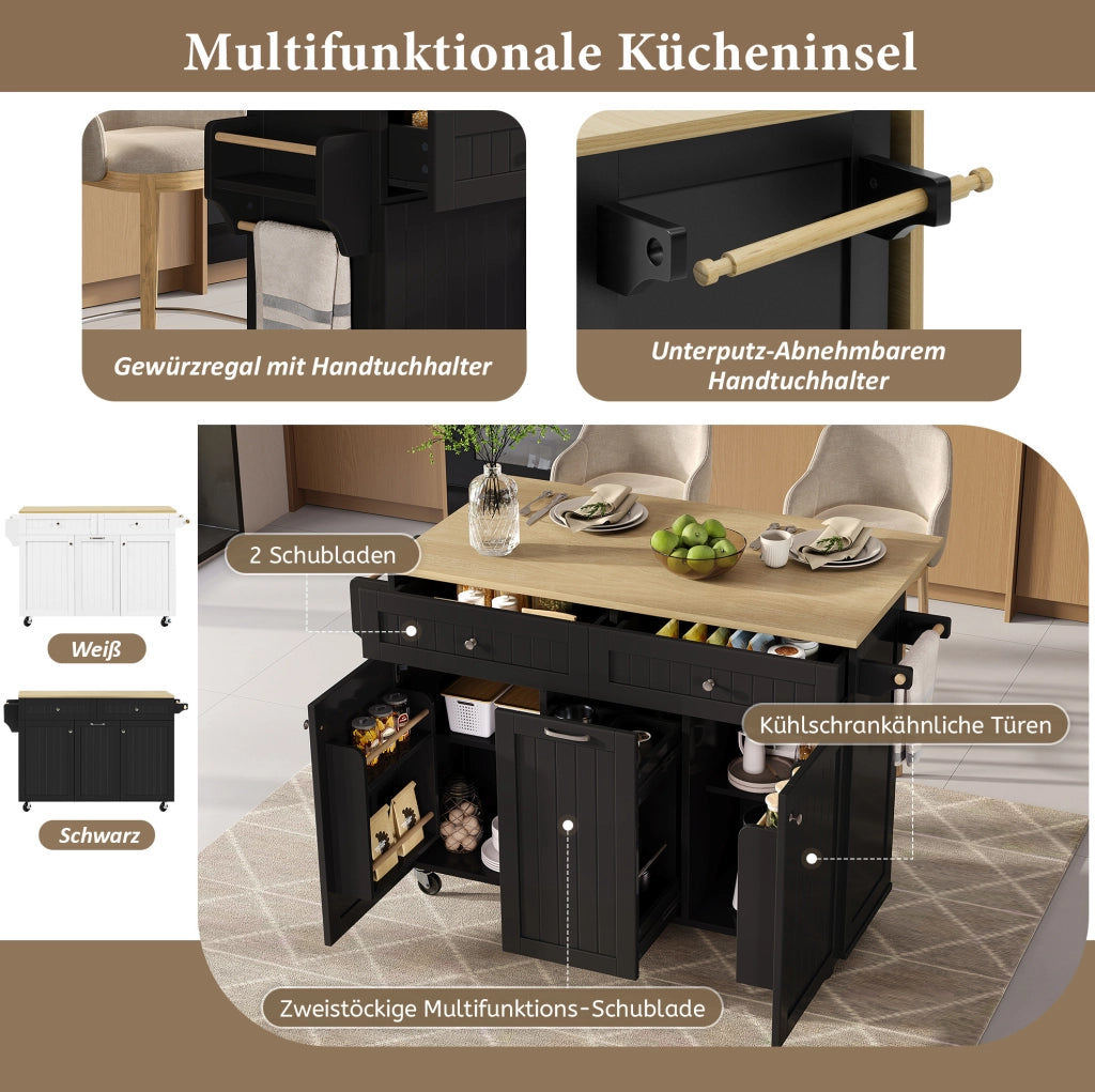 Isola da cucina mobile con piano estraibile e pieghevole; MDF; nero e naturale