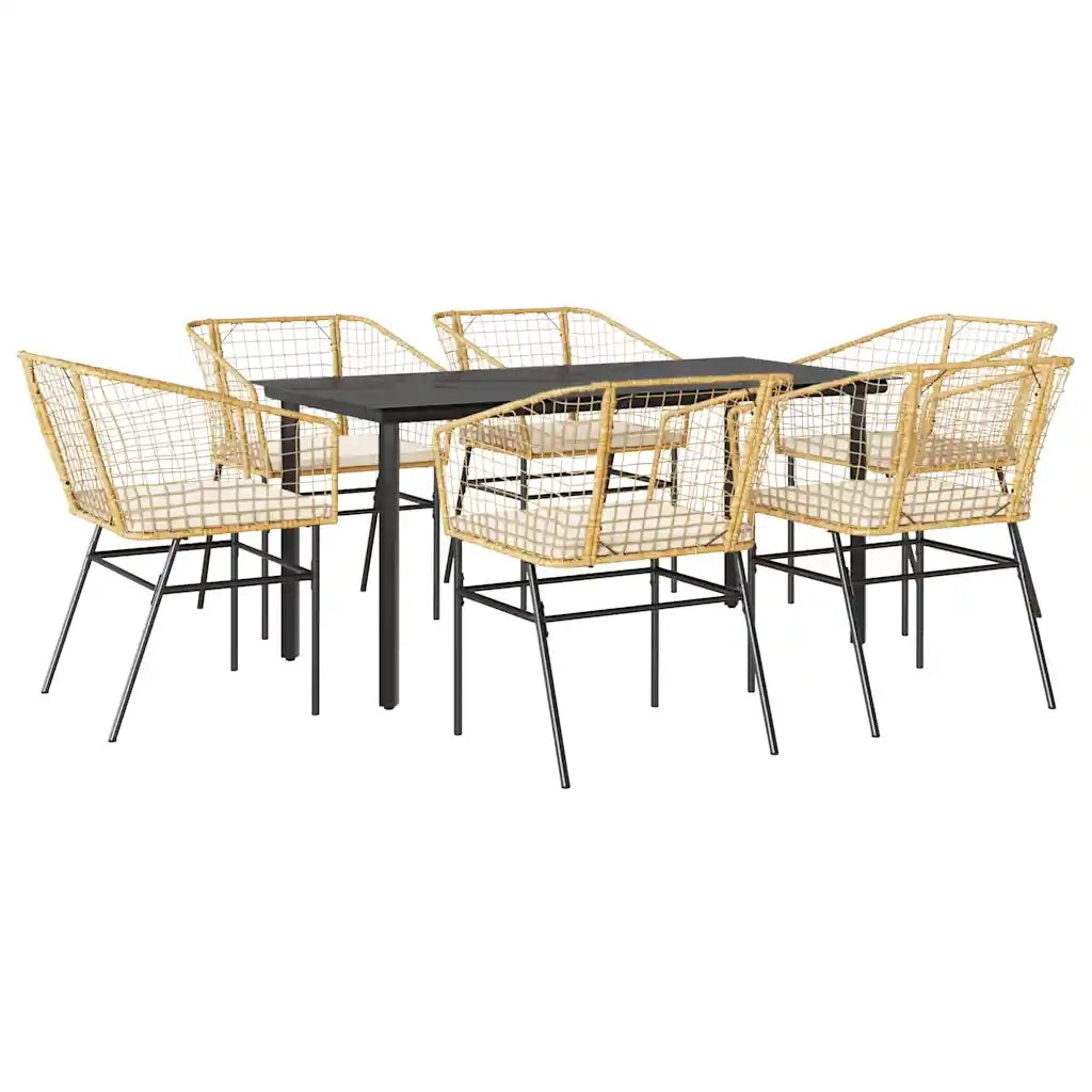 Set Pranzo da Giardino 7pz con Cuscini Marrone Polyrattan Vetro 3334608