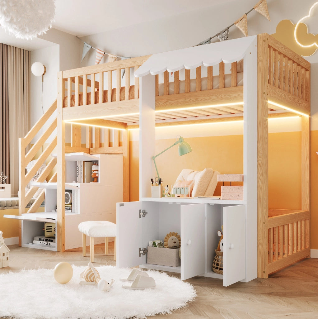 Letto a soppalco 90x200 cm con scala contenitore e luci colorate
