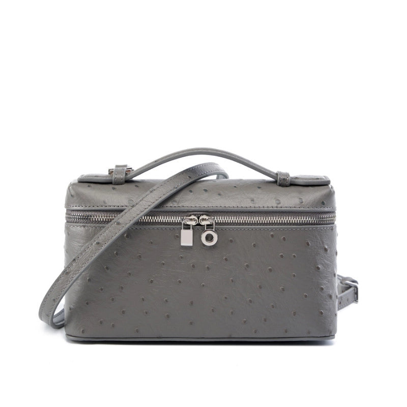 Borsa per il trucco da donna in vera pelle, utilizzabile a tracolla o a spalla, colore grigio.