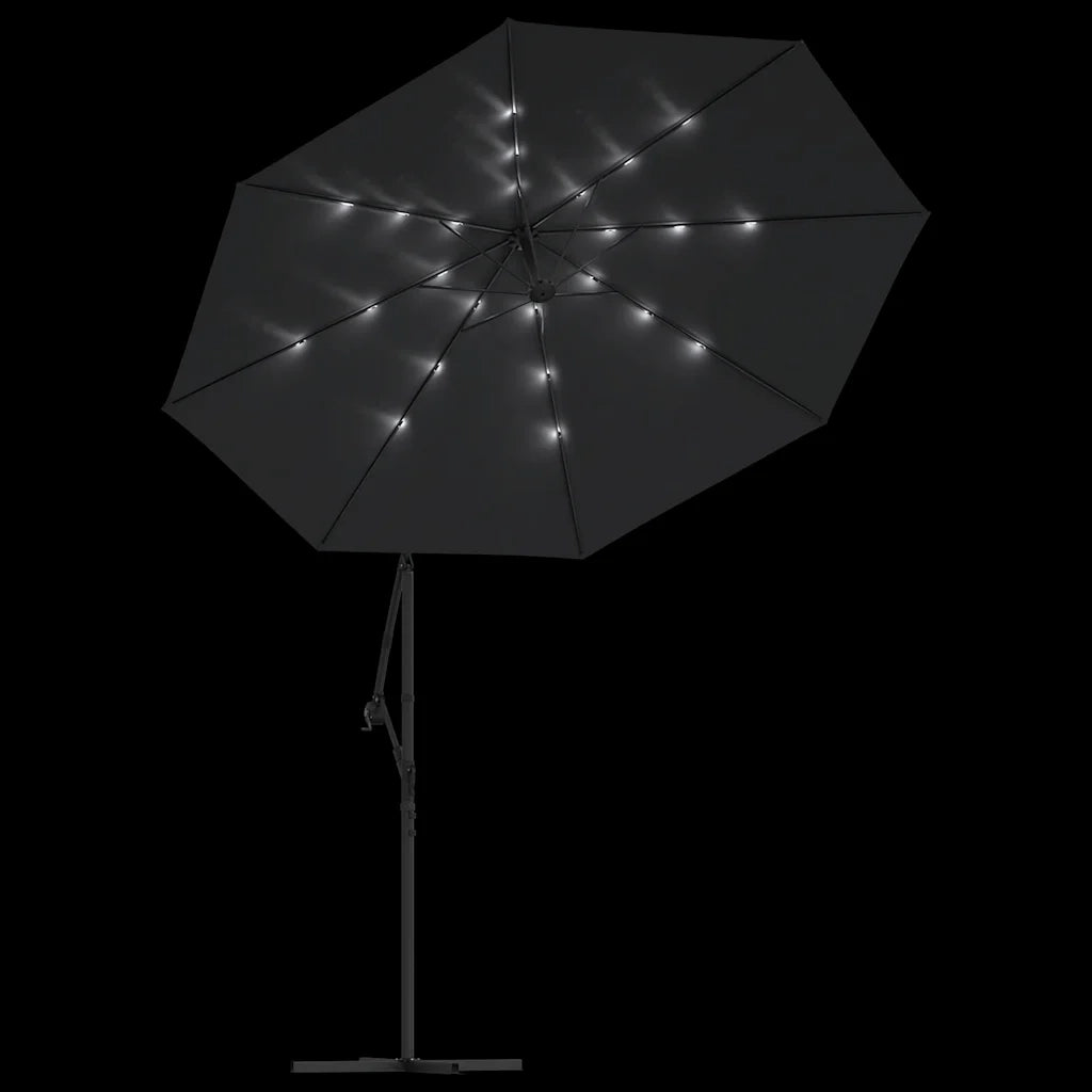 Ombrellone a Sbalzo con LED e Palo in Acciaio-Ombrello da giardino 300 cm Nero