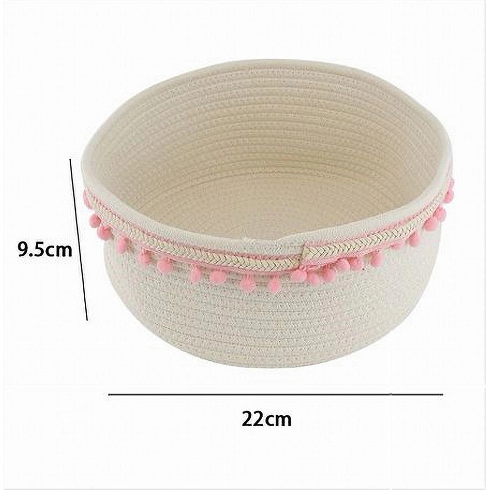 Trade Shop - Cesto Porta Oggetti Per Biancheria In Corda Pon Pon Rosa Cestino 22x9.5 Cm 10666 -