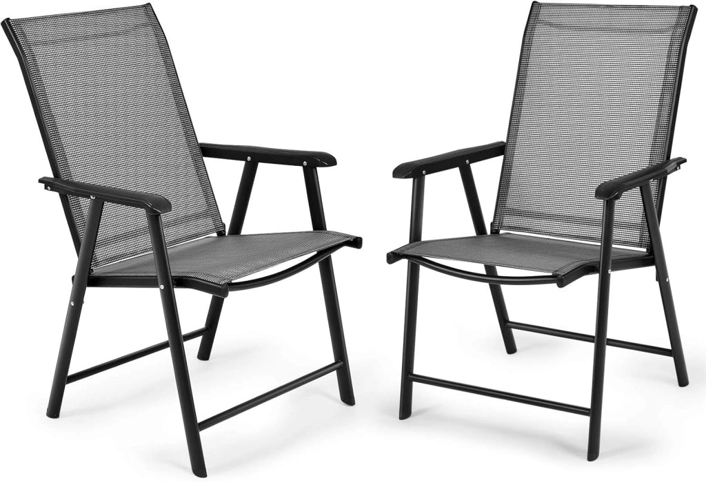 Set di 2 sedie pieghevoli, con schienale alto, da giardino, in metallo, con braccioli e schienale, resistente alle intemperie, portata fino a 110 kg (grigio)