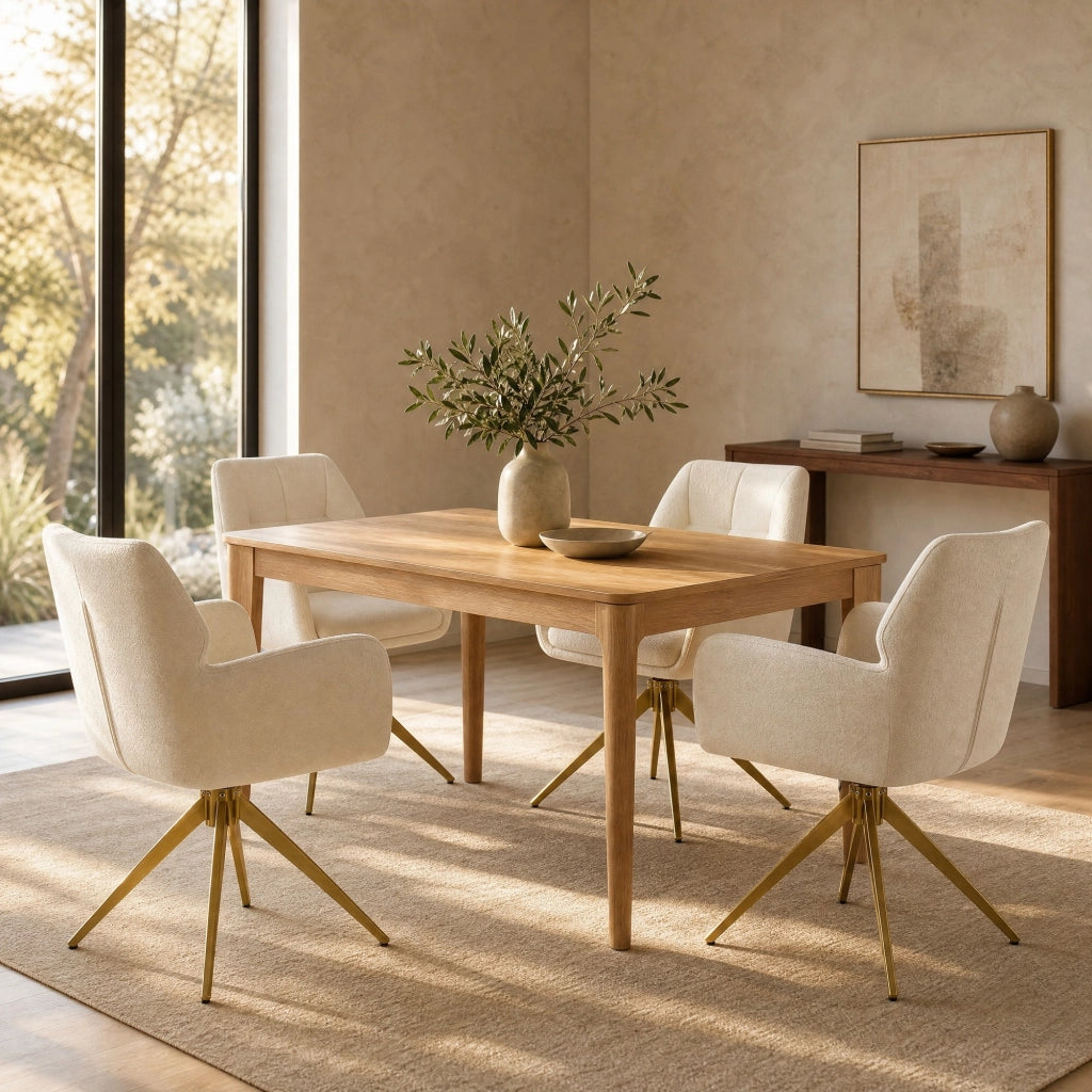 Set di 2 sedie girevoli da pranzo - con braccioli - in chenille e metallo - crema
