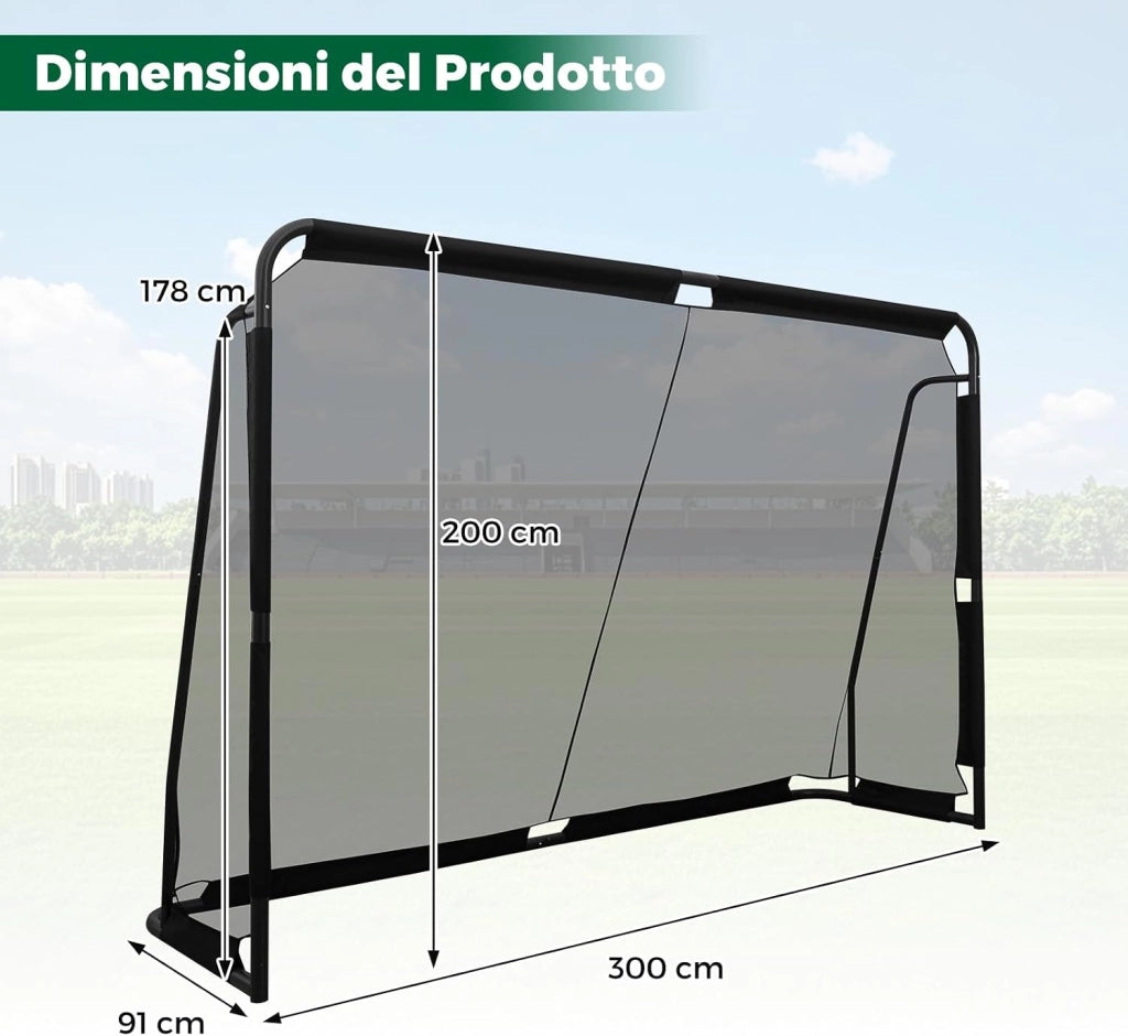 Porta da Calcio per Bambini e Adulti 3 x 2 m con Struttura in Metallo, Rete PE Impermeabile, 8 Picchetti, Sistema di Montaggio a Pulsante, Attrezzatura da Allenamento per Calcio all'Aperto