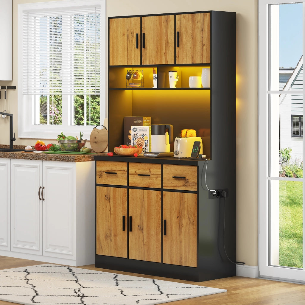 Credenza da cucina 100x40x180 cm con LED, prese USB, cassetti e ripiani regolabili
