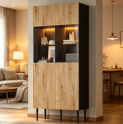 Vetrina moderna 80 x 35 x 180 cm con LED; 10 ripiani; ante in vetro temperato; nero e legno naturale