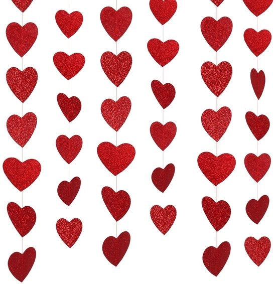 Decorazione del Cuore 6 Pezzi - Slingback a Cuore Rosso - Decorazione Romantica - San Valentino - Matrimonio - 2 m Lungo - Decorazione del Cuore